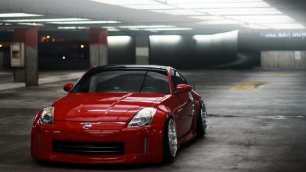 Red cars underground nissan parking 350z reflections lot wallpaper