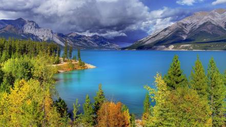 Abraham lake canada autumn clouds forests wallpaper