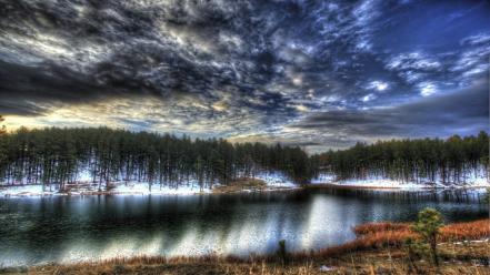 Clouds landscapes nature snow trees lakes skies wallpaper