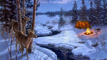 Deer streams artwork axe camp light tent wallpaper