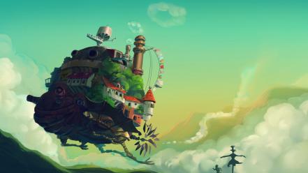 Houses fantasy art artwork floating island chimneys wallpaper