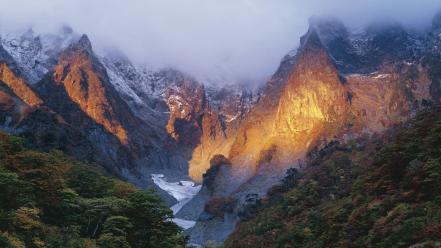 Japan mount clouds forests landscapes wallpaper