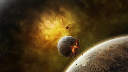 Outer space explosions planets fog the end wallpaper