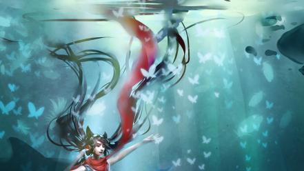 Scarfs underwater black hair butterflies original characters wallpaper