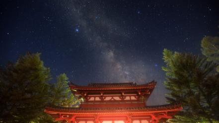 Stars temples night sky wallpaper