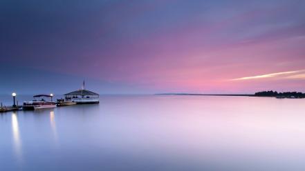 Boats bridges calm dock evening wallpaper