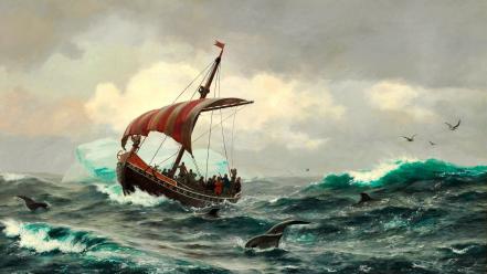Carl rasmussen vikings boats paintings sea wallpaper
