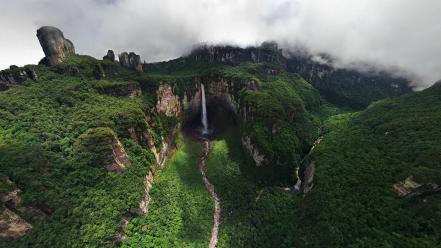 Clouds landscapes nature trees cliffs waterfalls rainforest wallpaper