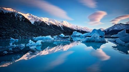 Cold lakes reflections light blue snowy peaks wallpaper