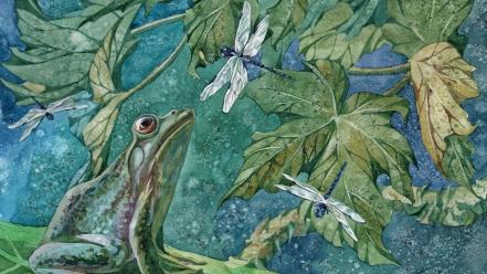 Leaves frogs artwork dragonflies hunting watercolor amphibians wallpaper