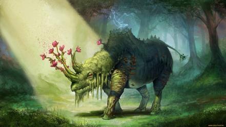 Nature trees flowers forests animals dinosaurs fantasy art wallpaper