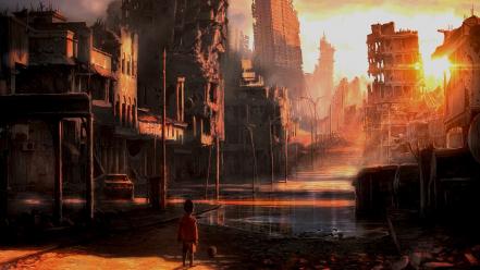 Ruins scenic artwork post apocalyptic afternoon wallpaper
