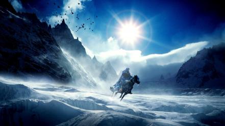 Snow sun birds fantasy art horses skies wallpaper