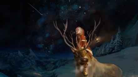 Stars horns christmas scenic reindeer starry skies wallpaper