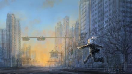 Sunrise jumping white hair cities yaorenwo wallpaper