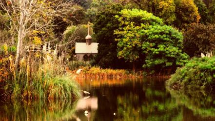 Water nature autumn calm church park wallpaper