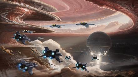 Jupiter fantasy art spaceships assault wallpaper