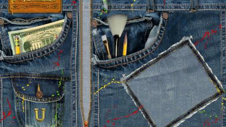 Money pocket paint brushes pencils denim clothing splatter wallpaper