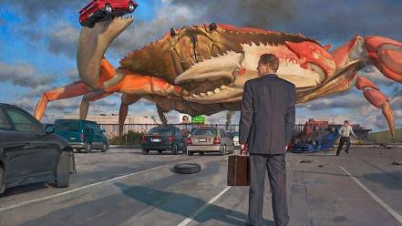 Cars giant crab briefcase business suit wallpaper