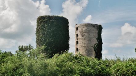 Clouds landscapes trees silos abandoned forest wallpaper