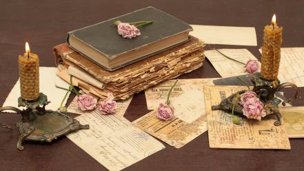 Flowers vintage old books letters candles roses wallpaper