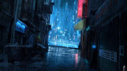 Light blue rain signs buildings cities street upscaled wallpaper