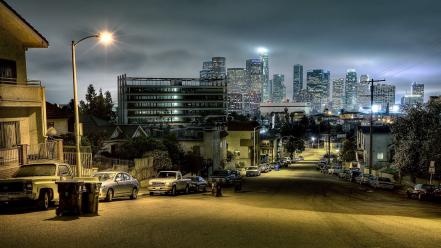 Light streets cars houses buildings roads cities streetlamps wallpaper