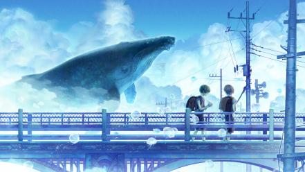 Blue clouds summer bridges whales scenic sky wallpaper
