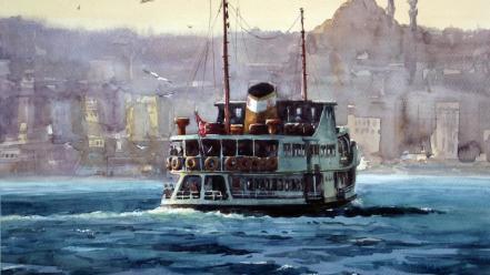 Cityscapes turkey artwork turkish istanbul cities steamship paintwork wallpaper