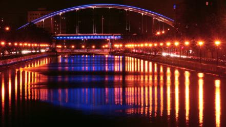 Red night lights yellow bridges romania rivers wallpaper