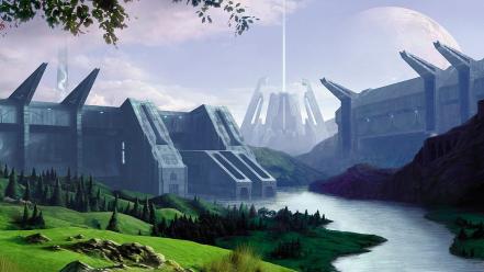 Science fiction artwork rivers evergreens fan forerunner wallpaper