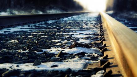 Snow rocks railroad tracks pebbles railways wallpaper