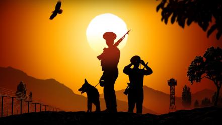 Sunset soldiers sun trees dogs weapons roads wallpaper