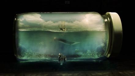 Bottles ships fantasy art aquarium drawings photo manipulation wallpaper