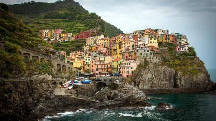 Coast waves hills rocks cliffs italy villages wallpaper