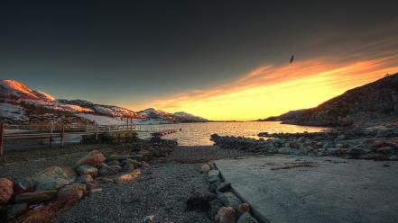 Hills rocks pier eagles lakes hdr photography wallpaper