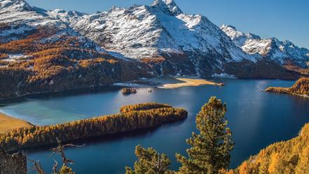 Mountains landscapes nature autumn forests lakes snowy peaks wallpaper