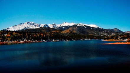 Mountains landscapes nature snow hills lakes blue skies wallpaper