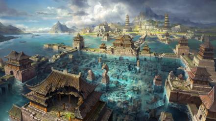 Ruins asia artwork flood wallpaper