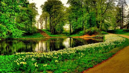 Trees flowers paths stairways lakes reflections park wallpaper
