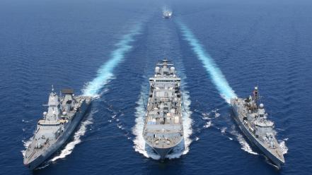 Vessel warships formation blue sea refueling marine wallpaper