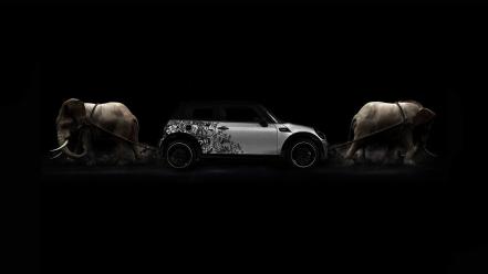 Black and white mini cooper elephants wallpaper