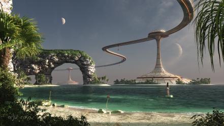 Futuristic fantasy art beach wallpaper