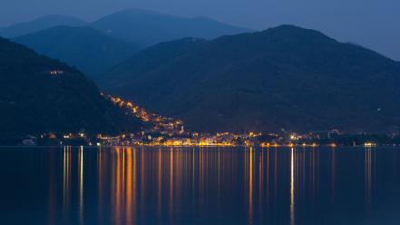 Lights hills town italy lakes reflections evening wallpaper
