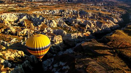 Aerial view hot air balloons landscapes mountains wallpaper