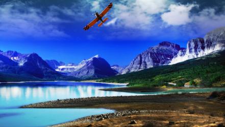 Aircraft trees flying lakes reflections blue skies wallpaper
