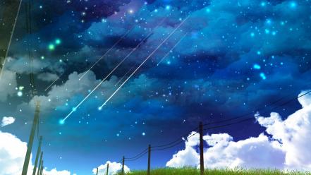 Clouds falling stars grass landscapes power lines wallpaper