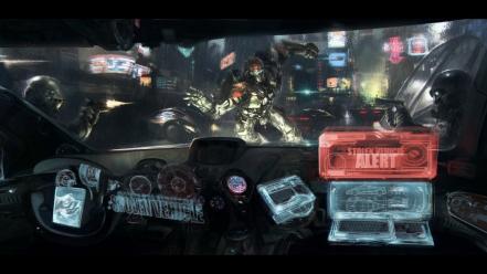 Cockpit cyberpunk digital art artwork alert sci-fi wallpaper