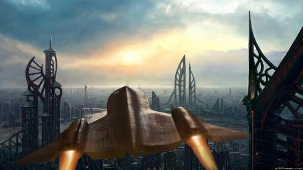 Futuristic spaceships science fiction cities sci-fi wallpaper