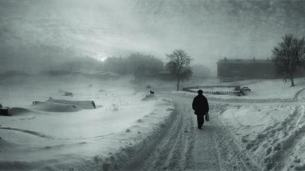 Winter snow paths town monochrome pentti sammallahti wallpaper